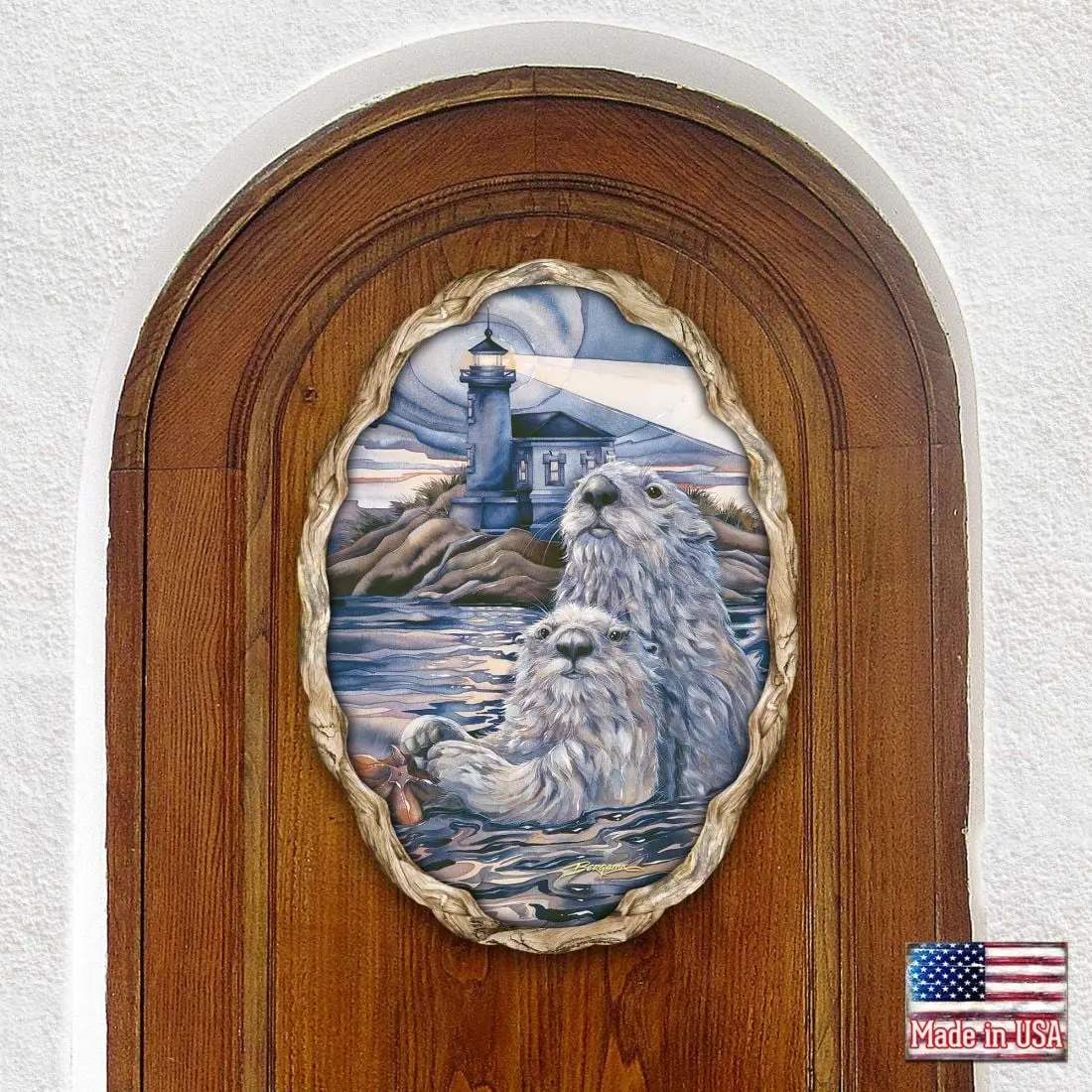 Designocracy 8591572W-JB 24x18 in. Wood Crafted Starlight Otter Lighthouse Hanging Wall Hanger, Home Decor - Door, Gallery Wall Accent, Decorative Window Alternative, Gift-Worthy Styling Piece