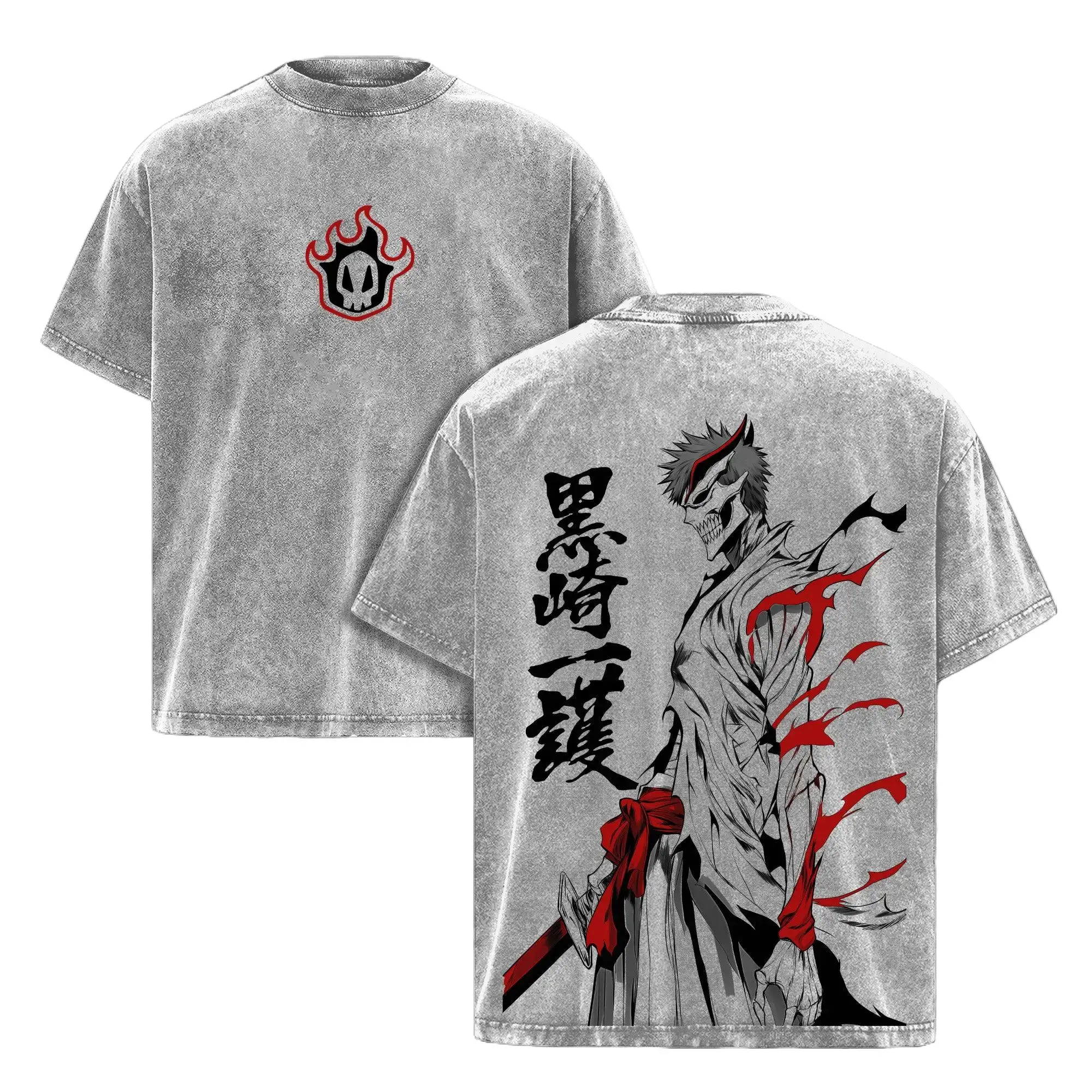 Bleach Ichigo Hollow Graphic Washed T-Shirt - Heavy Cotton Vintage Anime Oversized Tee for Men & Women, Y2K Japanese Streetwear, Premium Faded Manga Shirt 90s Graphic American Casual Short Sleeve Tee | Premium Soft Classic Unisex T-Shirt for Daily Gym