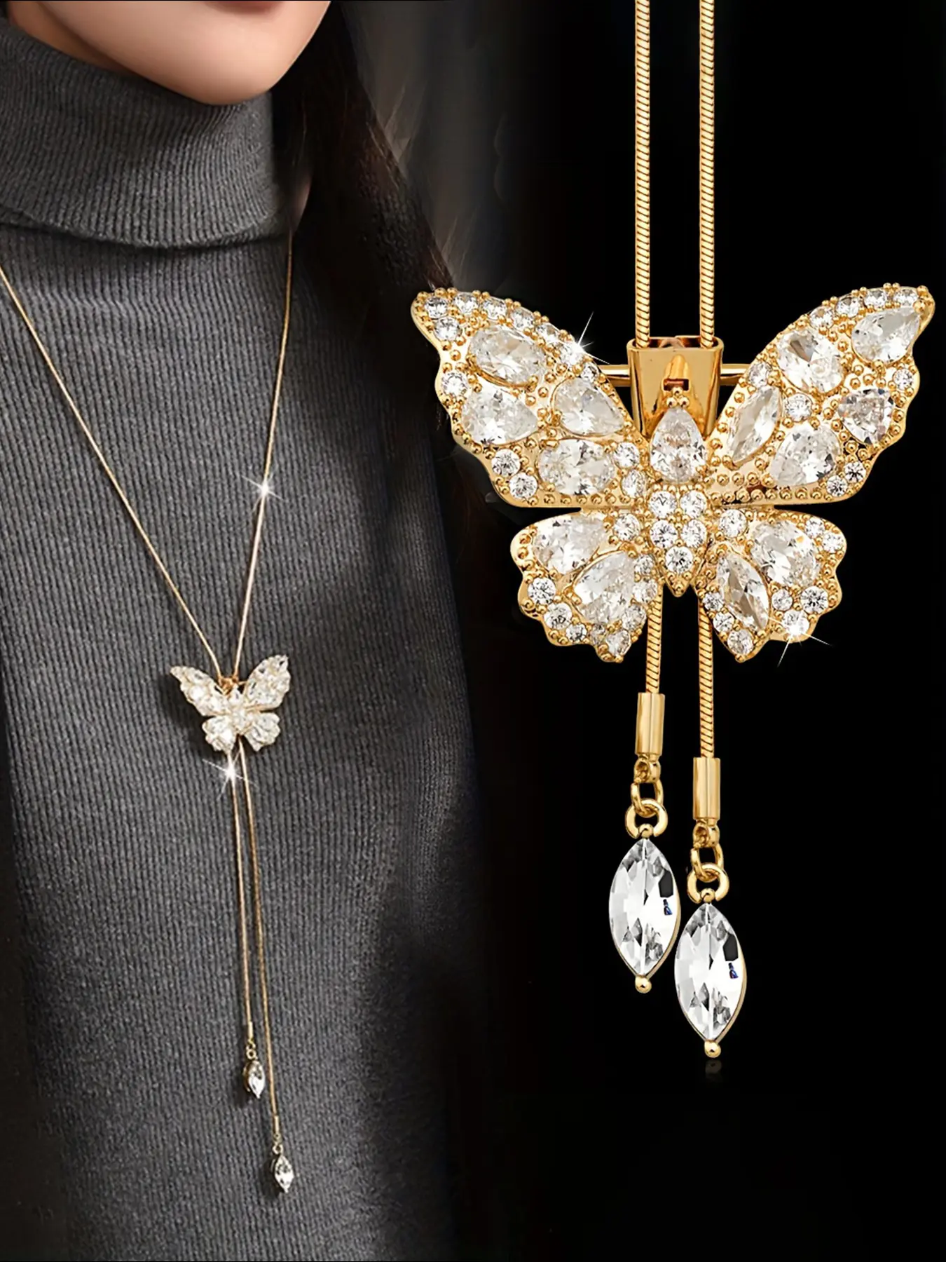 Elegant Long Butterfly Necklace for Women, Fashionable Artificial Crystal Pendant Chain, Versatile Two-Wear Design, High-End Sweater Accessory, Fashion Matching Necklace, Decorative Necklace, Neck Jewelry