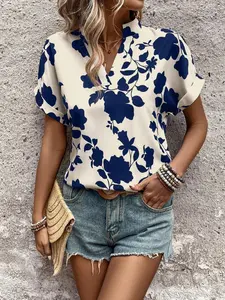 Summer Women's New Fashion Womenswear Vacation Casual Commute Stand Collar Short Sleeve Slimming Shirt, Leaf Print Holiday Top, Blouse