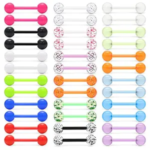 36Pcs Acrylic Tongue Rings for Women Men, Flexible Soft Barbell Piercing Jewelry Set, Glitter UV Glow Tongue Piercings, Hypoallergenic Body Piercing for Tongue Nipple Ear