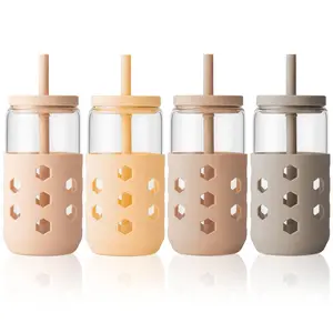 Mrsdry Glass Cups with Silicone Lids and Straws (4 Pcs), 16oz Drinking Glasses Set with Silicone Sleeves for Coffee Bar Accessories Iced Coffee Cups with Lids, Glass Tumbler Reusable for Gifts