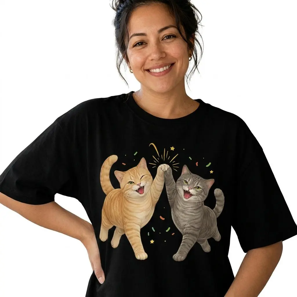 Funny High Five Cats Graphic Tee Women Plus Size Cute Cat Mom Shirt Cat Lover Gift Top