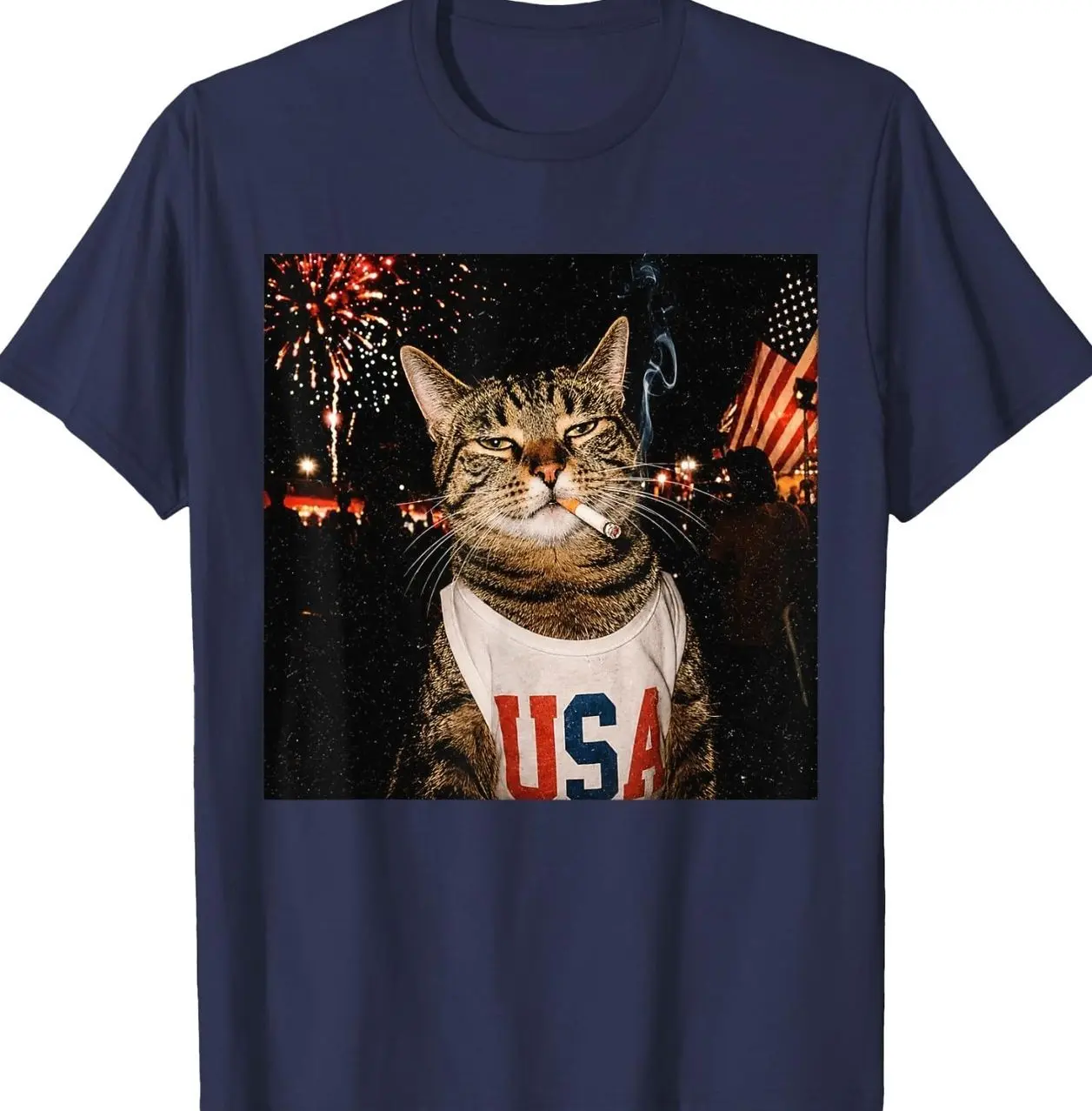 Women's Fitted Classic Round Neck Short-Sleeve Soft Cotton High Print T-Shirt - Patriotic Style, Smoking Cat, 4th of July USA Casual Holiday Lady Cat Lover Top FGU, Comfortable, Patriotic Graphic, Party, Heat Transfer, Cartoon Patriotic Graphic Women's T-