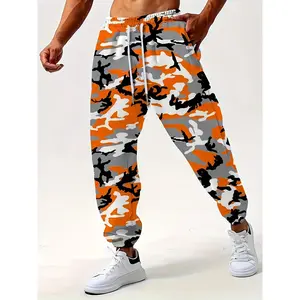 Men's Plus Size Camo Joggers - Breathable Polyester Sweatpants with Elastic Drawstring Waist, 3D Camouflage Print in Orange, Black & Gray, Relaxed Fit for Casual & Sporty Wear, PLUS SIZE