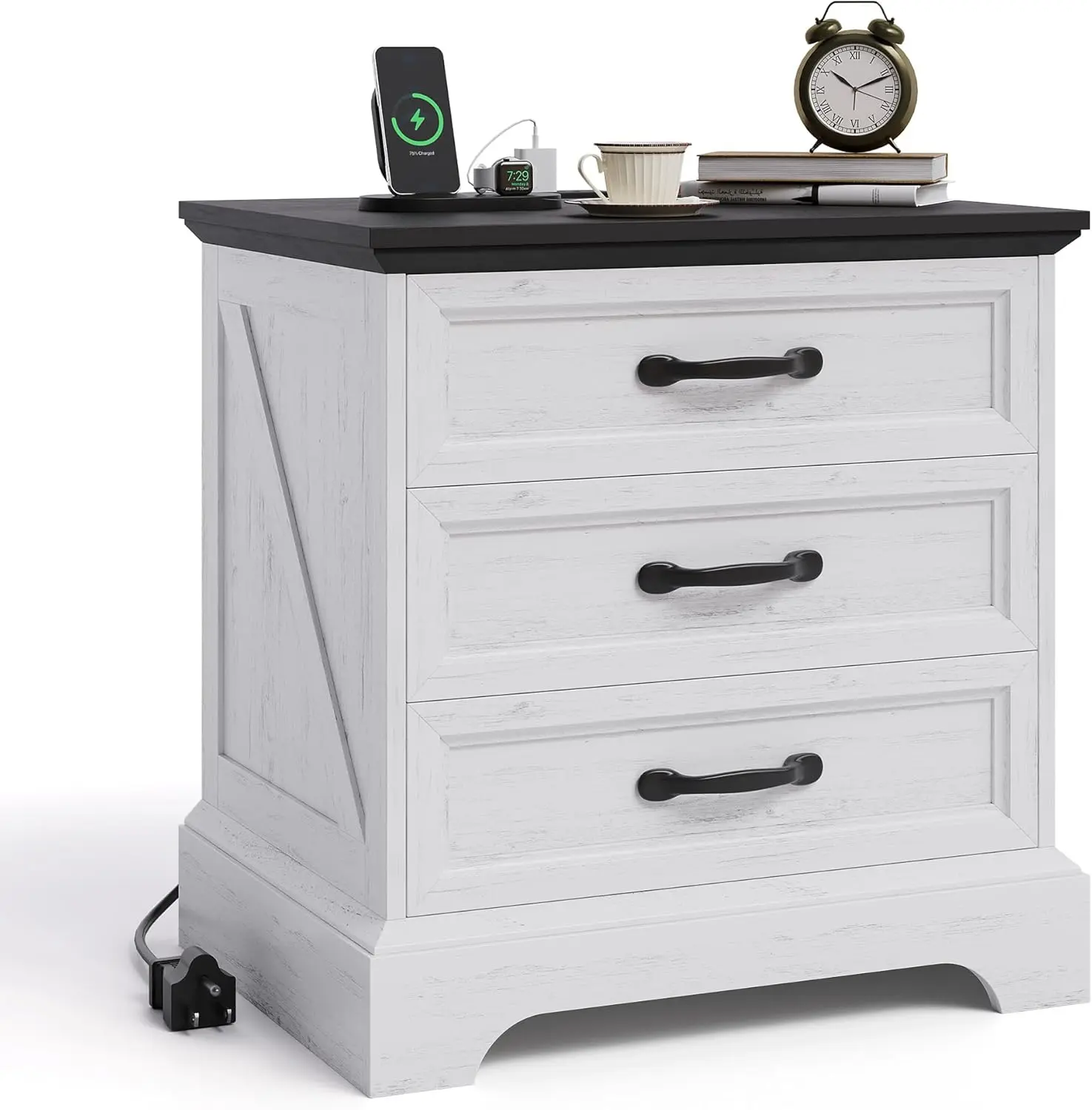 GAOMON Modern Farmhouse Nightstand with Charging Station & 3 Large Drawers, 24.8in Wide Rustic End Table - Modern Accent Tables, Farmhouse Pick for Living Room Bedroom, White, Farmhouse End Tables