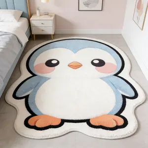 Ins style cute penguin shaped floor mat balcony anti slip and wear-resistant foot mat bedroom bedside fun decorative mat suitable for parent-child space/girl bedroom thick, soft and easy to clean Cartoon Pattern Rug