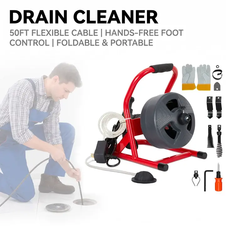 GARVEE 50 ft x 5/16 inches Electric Drain Cleaner Machine - 120v~60hz 2.1A Motor, 0-380/min Sewer Auger Clog Remover, Ergo Handle, 6 Cutters, Gloves, Heavy Duty for 3/4-3 in Pipes, Outdoor Use