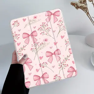 Girly Pink Bow and Heart Design iPad Case Transparent Acrylic Hard Back Panel With Pencil Slot，Suitable for Ipad mini pro air. Scratch-resistant Ultra-thin Protective Case, Shock-resistant Full Cover Protective Case