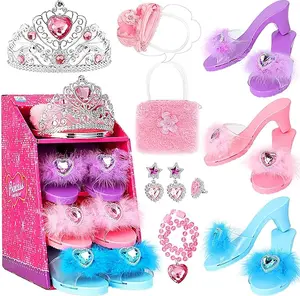 Princess dress-up shoes, play house jewelry toy set, includes 3 pairs of shoes, a crown, earrings, a necklace, and a ring, suitable for little girls aged 3-6 for role-playing，birthday gift for girls.