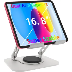 Tablet Stand, 360? Rotation Dual-Arm Support iPad Holder Office Desk Accessories, Foldable iPad Air Holder Travel Accessories for Desk Men Gifts Fits  4-16" Tablet (Silvery)