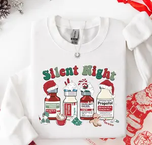 Silent Night Christmas Nurse Sweatshirt - Medical Holiday Long Sleeve Crewneck Pullover Sweatshirt Trendy Tops for Women for Men Unisex