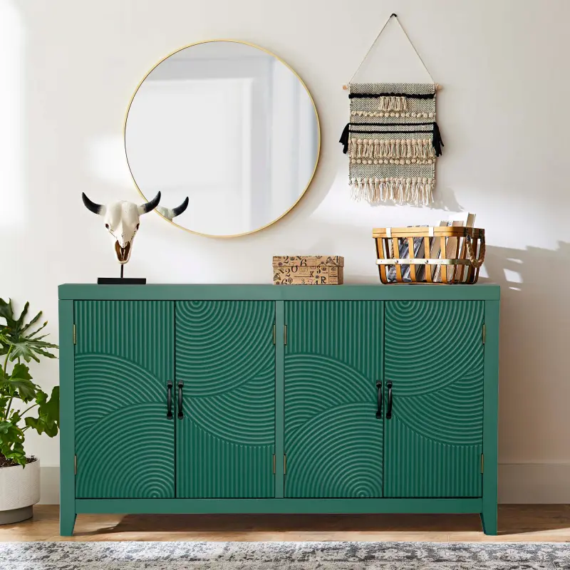 59" Mid Century Modern Cabinet - 4-Door Green Wood Storage for Living Room, Dining Room & Entryway