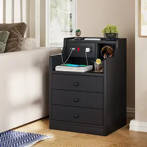 Nightstand with 3 Drawers Charging Station Black
