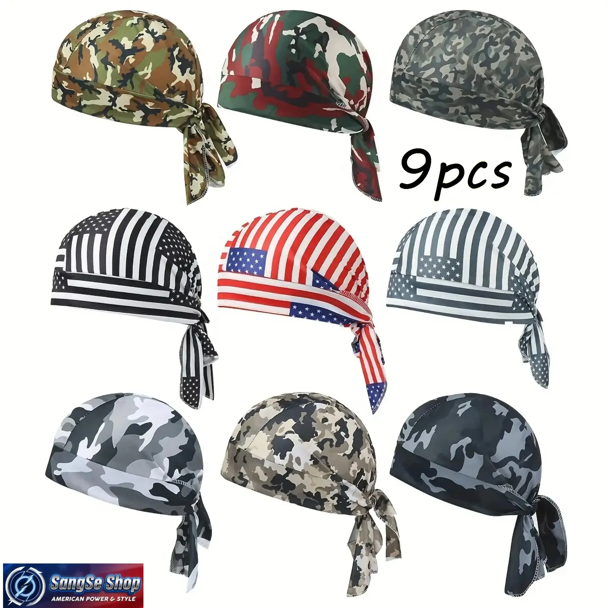 9-Piece Cooling Sweat-Wicking Durag Set for Adults, Breathable Polyester Headwrap Caps, Lightweight Stretch Fitted Do Rags for Men, Camouflage & American Flag Designs, Universal Motorcycle Riding Gear, Running, Sports, Outdoor Work & All Season Daily