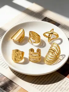 Vintage Textured Metal Ring, Stainless Steel, Hammered & Cutout Design, Casual Party and Daily Wear, All Seasons, Interlocked Stackable Rings