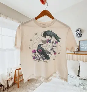 Comfort Colors Boxy Crop Top Celestial Raven Thistle Comfort Colors Shirt, Moon Phase Bird Lover Gift Y2K, Fashion, Streetwear, Women, Cotton Crew Neck