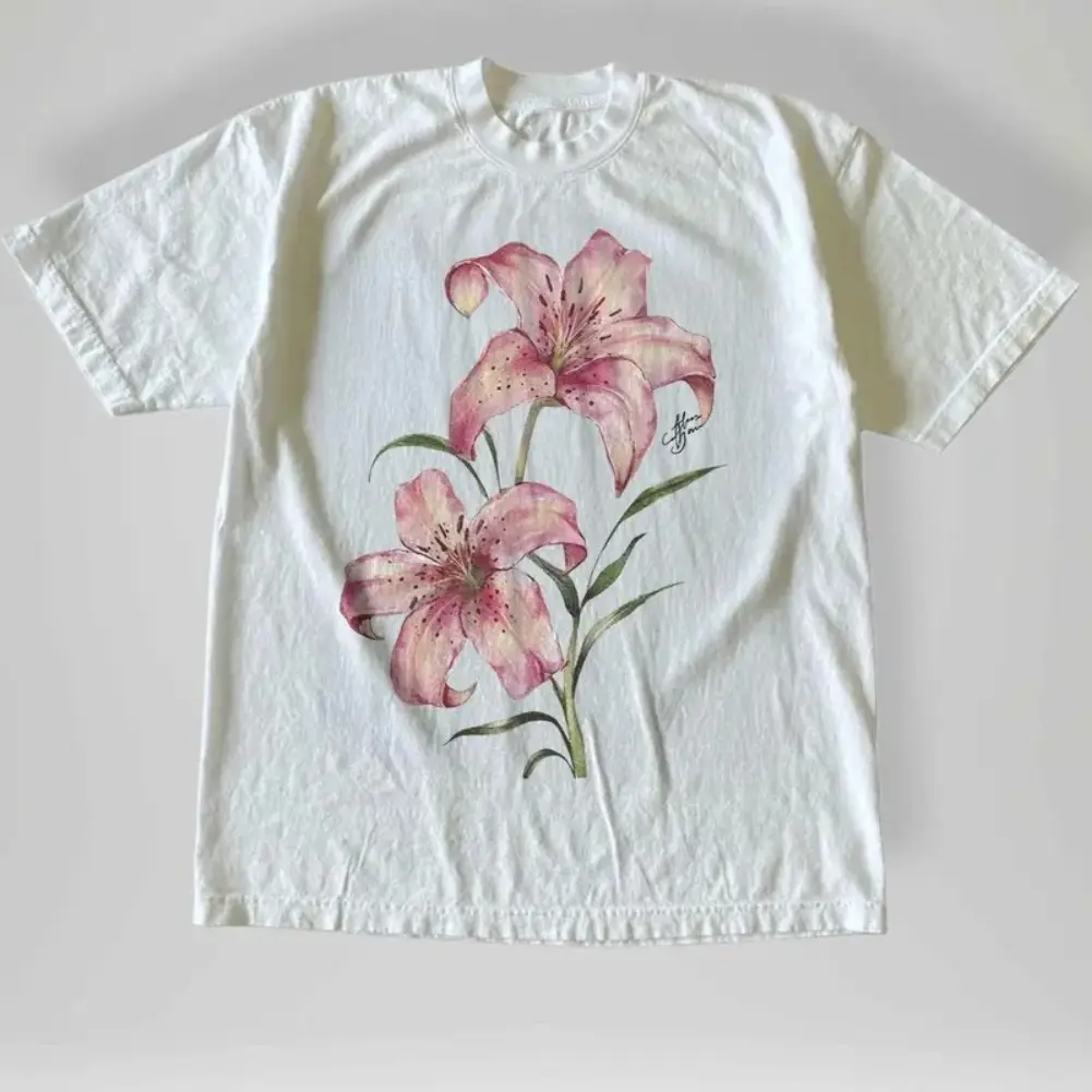 Vintage Pink Lily Flower T-Shirt, Y2K Floral Graphic Tee, Botanical Shirt, Gift for Women, Crew Neck T-shirt