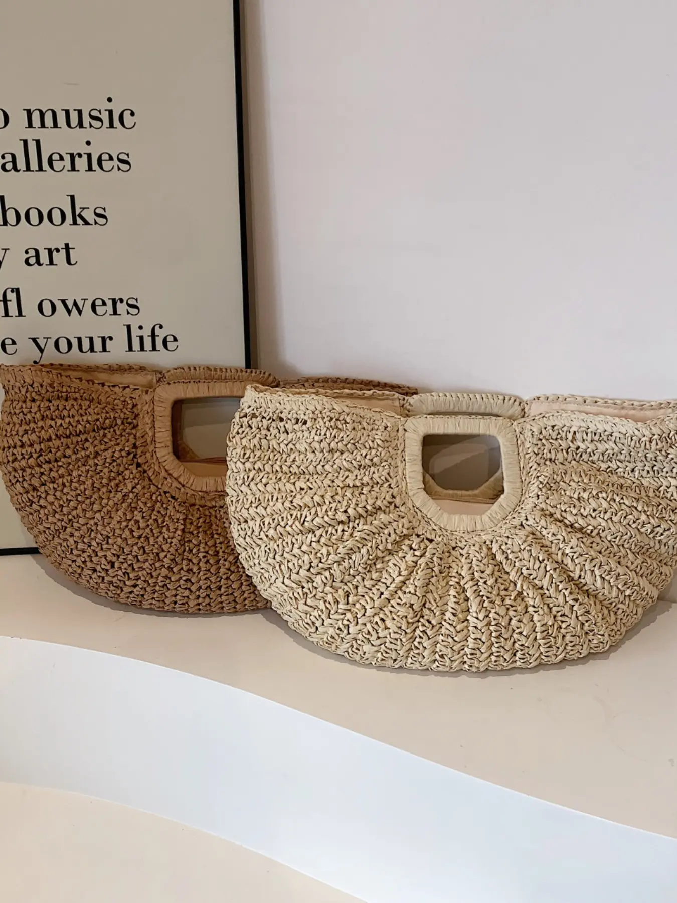 Half Moon Handbag, Straw Woven Fan Shape Bag, Boho Style Plain Pattern, Versatile Beach Tote, Handmade Crafted Basket, Beach Purse, Casual Handbag