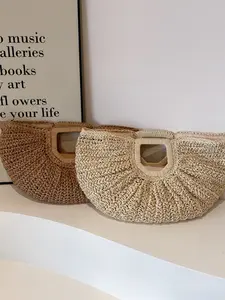 Half Round Handbag Woven Bag Fan Shape Handheld Straw Bag Handmade Knitted Bags Versatile Moon Shaped Beach Bag Tote Bag Half Moon Purse