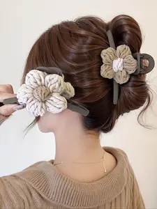 Elegant Knitted Flower Hair Claw Clips, 2pcs Simple Style Daily Use, Versatile Half-Updo Hair Accessories, Back-Of-Head Bun Holders