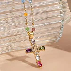 Rainbow Cross Pendant Necklace Colorful Shiny Rhinestones Charm Necklace Dainty Faith Cross Pendant Necklace Faith Christian Costume Accessories Jewelry for Women