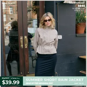 PUFFIT Summer Short Drawstring Waist Rain Jacket, Breathable Eyelets & Multi-Pocket Design, Stain-Resistant Windproof Outerwear