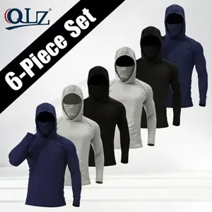 [NEW 6pcs] Men's Quick-Dry Sports Hoodies with Face Mask - Breathable, Sun-Protective Men's Clothing Sets for Fishing, Running Activewear T-Shirt