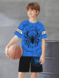 Boys' Spider Web Print Short Sleeve Set, Summer Superhero Theme Sports Two-Piece, Casual Fitted Style, Random Print
