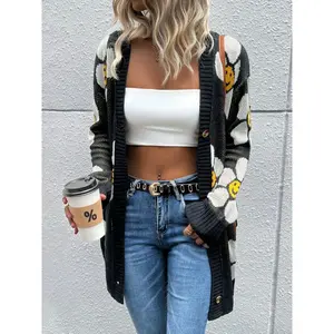 Women’s floral print button-front cardigan, casual fitted drop-shoulder long-sleeve V-neck knitwear for fall and winter, fashionable women’s knit clothing for everyday wear