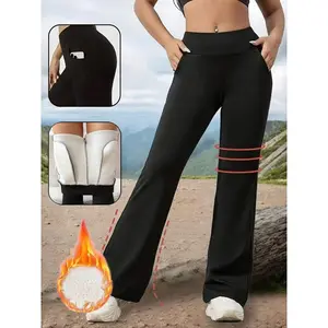 Women's warm wool lined pocket leggings, high stretch fitness yoga pants, high waisted flared pants, autumn and winterRAIMENTRY