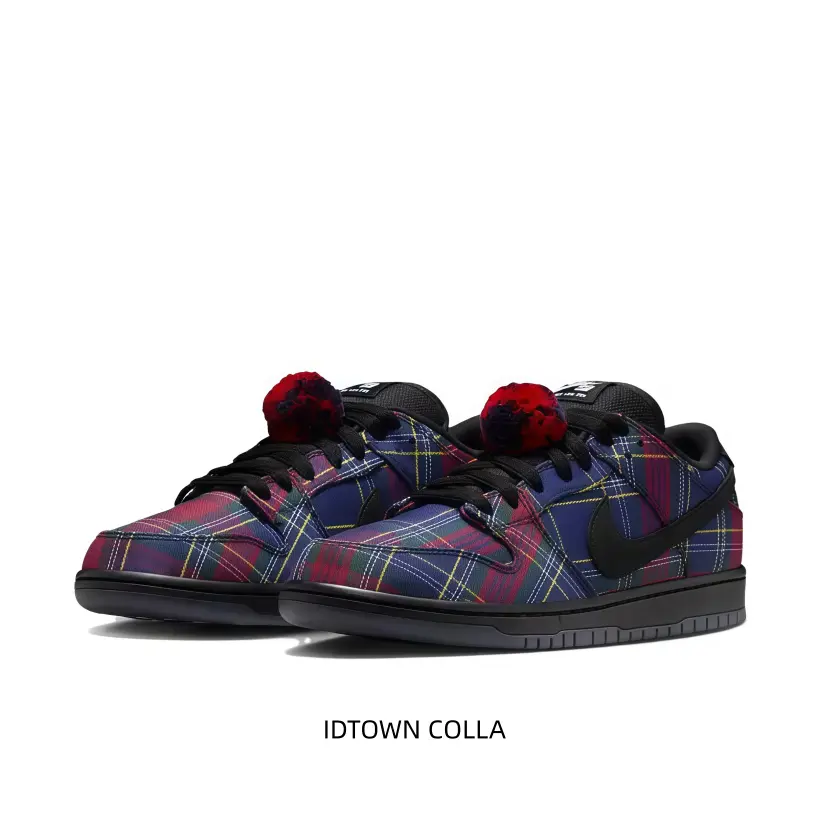 Plaid low top skate sneakers multicolor tartan fabric black logo pom pom accessory black outsole unique street shoes for daily wear and skateboarding
