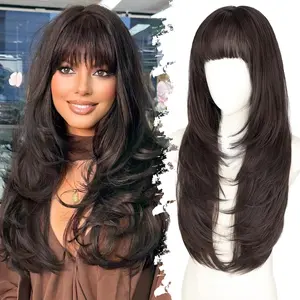 Long Dark Brown Wig with Bangs for Women 26 inch Layered Synthetic Heat Resistant  for Daily Party Use