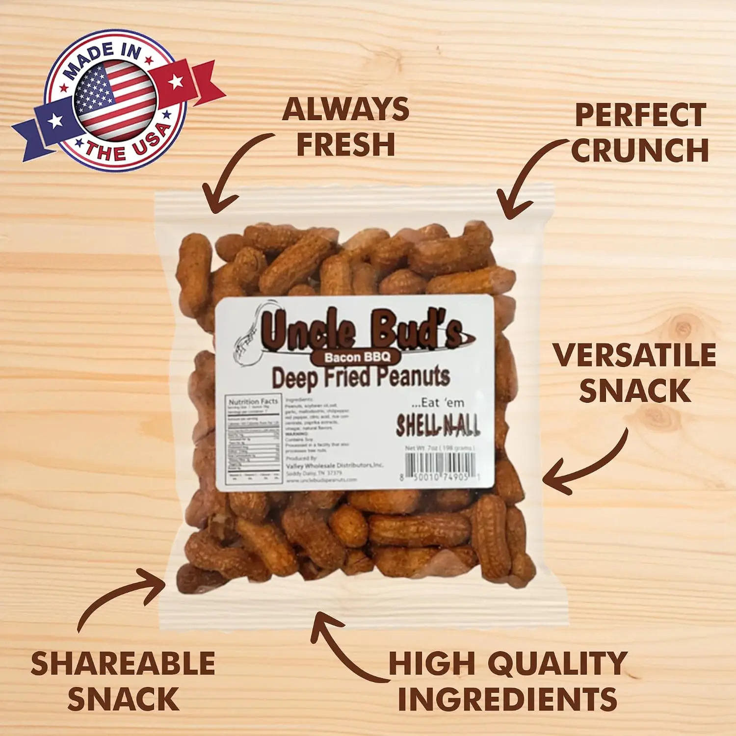Uncle Bud's Deep Fried Peanuts In Shell (2-Pack) | Premium Bacon BBQ Flavored Peanuts with High Protein & Bold Crunchy Flavor | Ideal Snacks for Gatherings, Camping & Roadtrips | Heathy Seasoned Nuts