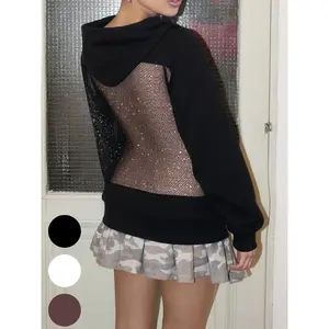 Women's Fashion Sexy Transparent Mesh Patchwork Long Sleeve Hoodie, Loose-Fitting Fall & Winter Sweatshirt, Plain Style Womenswear