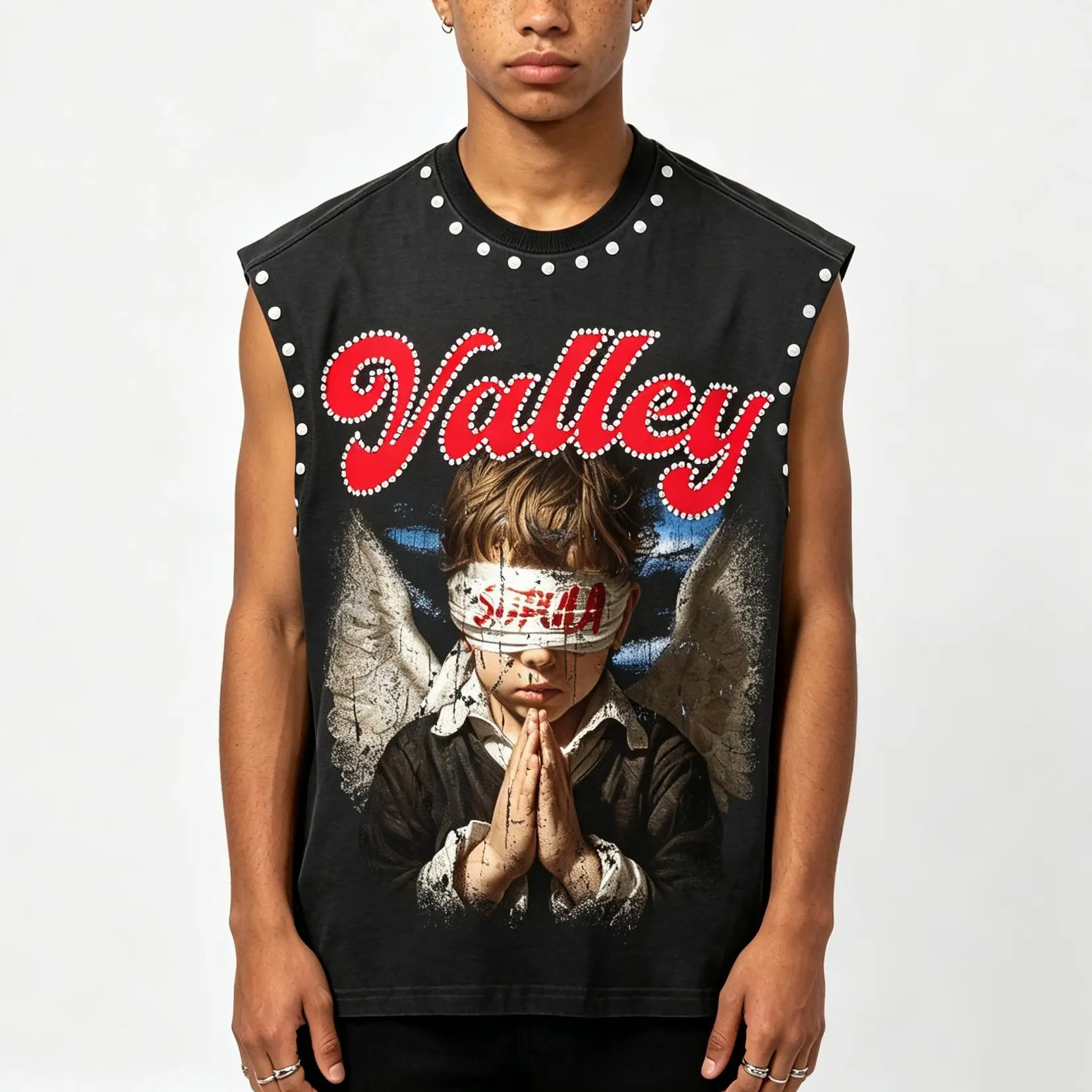 Sopula Studio Men's Valley Prayer Angel Vintage Graphic Rhinestone Tank Top Tie Back Sleeveless Casual, Menswear, Streetwear