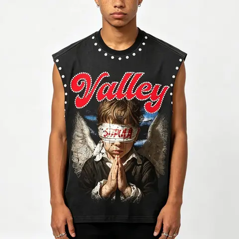 Sopula Studio Men's Valley Prayer Angel Vintage Graphic Rhinestone Tank Top Tie Back Sleeveless Casual, Menswear, Streetwear