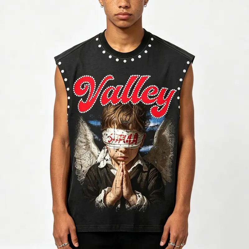 Sopula Studio Men's Valley Prayer Angel Vintage Graphic Rhinestone Tank Top Tie Back Sleeveless Casual, Menswear, Streetwear