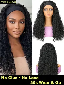 WIGOPARTY HAIR  Ice Silk Ribbon Deep Wave Synthetic Headband Wig – Glueless None Lace, No Glue Required, Easy Wear Headband Wig for Women | Spring Collection Deep Wave Hairpiece Pre Colored for Beginner Friendly Wigs