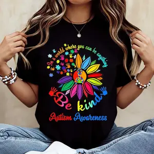 Autism Awareness Flower With Rainbow Puzzle Pieces And Be Kind Text Print T Shirt Crew Neck Casual Wear For Autism Support And Awareness