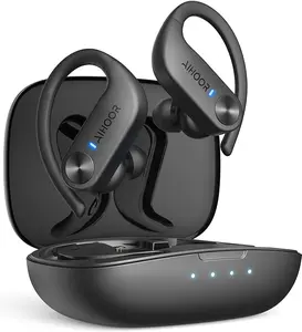 AIHOOR Wireless Earbuds with Earhooks for Sport, iOS & Android Phone, IPX5 Waterproof Bluetooth 5.0 Headphones with Extra Bass, 36hr Playtime Earphone with Charging Case for Running Gym Yoga, Black