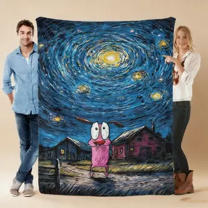 Van Gogh Starry Night Courage Dog Blanket Ultra Soft Fuzzy Flannel Cozy Warm Lightweight Bedroom Couch Sofa Travel Throw Decor Birthday Gift Christmas Gift for Art Fans Cartoon Lovers Teens Men Women Kids Impressionist Style