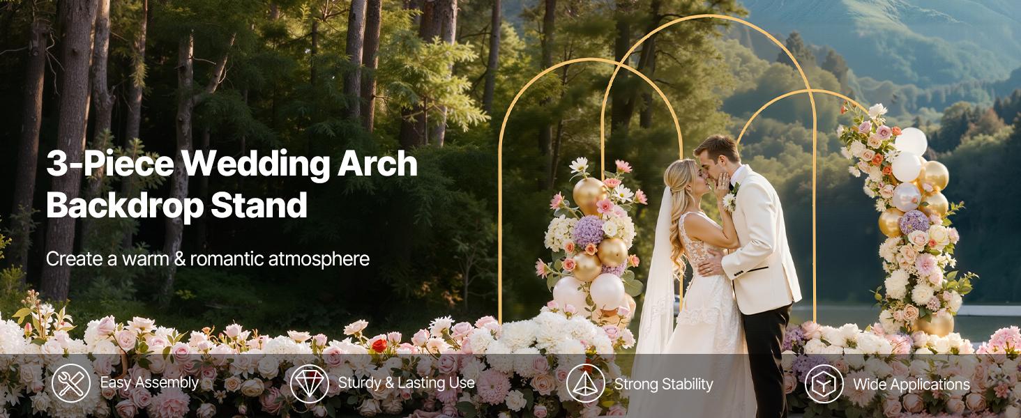 VEVOR Arch Backdrop Stand, Set of 3, 8/7.2/6.6 ft, Stable Structure, Easy Assembly, Gold Metal Arch Backdrop Stand for Wedding, Birthday Party, Graduation, Holiday Celebration, and Ceremony Decoration