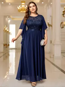 MISSMAY P83099 Plus Size Elegant Sequin Lace Contrast Butterfly Sleeve Cape Chiffon Evening Formal Party Long Dress
