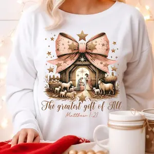 [Made in USA] [Collection For Christmas] Greatest Gift of All Sweatshirt, Bow Nativity Hoodie, Coquette Christmas Sweatshirt, Bow Manger, Christian Coquette, Jesus Manger Shirt, TikTok Shop Viral, Gift for her