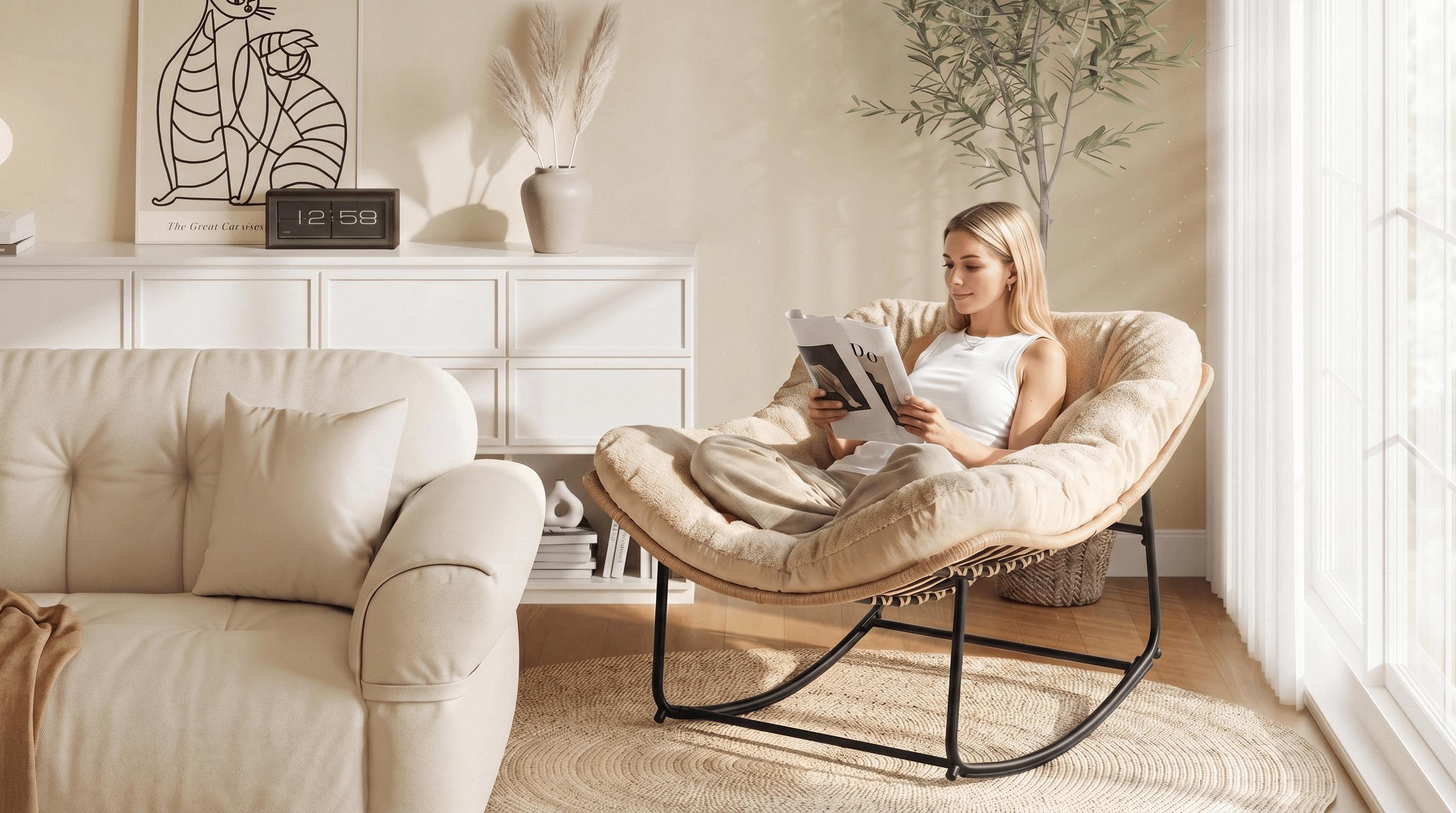 【Double-Side Fabric】ONBRILL Oversized Indoor Outdoor Rocking Chairs, Comfy Papasan Rocking Chair with Padded Cushion, Rattan Wicker Lounge Chair, Modern Reading Accent Chair for Balcony Garden, LivingRoom Furniture,Christmas Gift【SummerFinds】