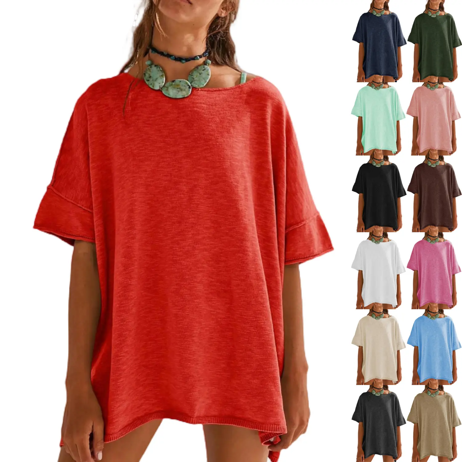 【US Shipping】Women's Oversized Round Neck T-Shirt - Minimalist Baggy Stretchy Lightweight Loose-Fit Casual Summer Crew Neck Tunic Top with Side Slit Hem, Dropped Sleeve Blouse