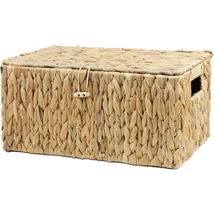 Large Wicker Basket with Lid, Rectangular Water Hyacinth Storage Baskets for Organizing, Woven Basket for Storage, Decorative Boxes Bins with   Organizer Decor