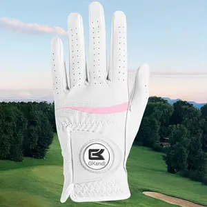 Womens Golf Glove with Clover Ball Marker 1 Pack, All Weather Grip Microfiber & Leather Gloves for Ladies, Comfortable Breathable Fit for Left Hand in White Pink