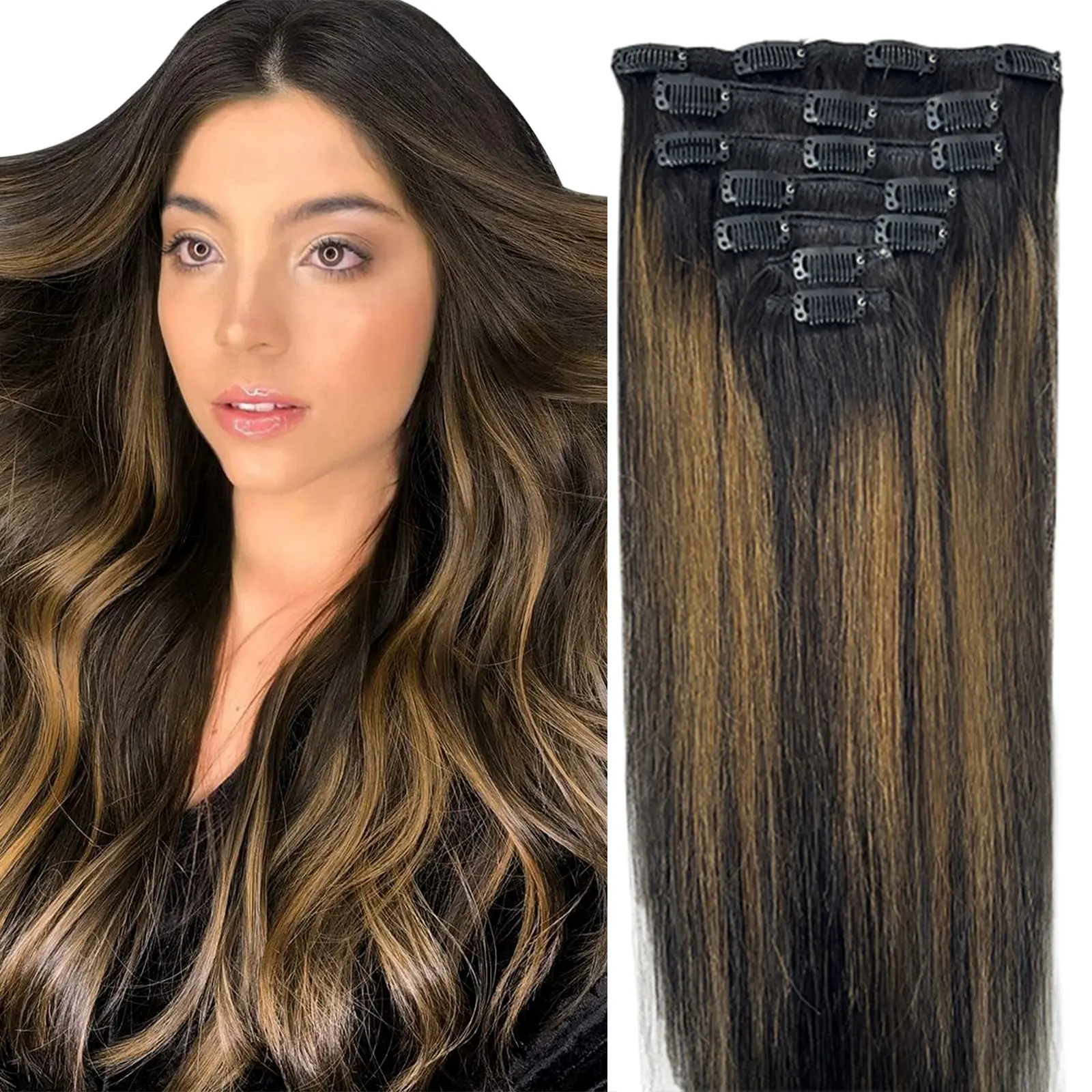 HC 100% Pure Human Clip Hair Extensions - Silky Straight, Seamless, High-Quality Soft Flowing Strands, Natural Looking Realistic Hair Piece for Women, Valentine's Gift for GF